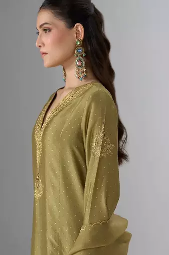Khaki and gold foil printed festive kurta set