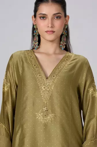 Khaki and gold foil printed festive kurta set