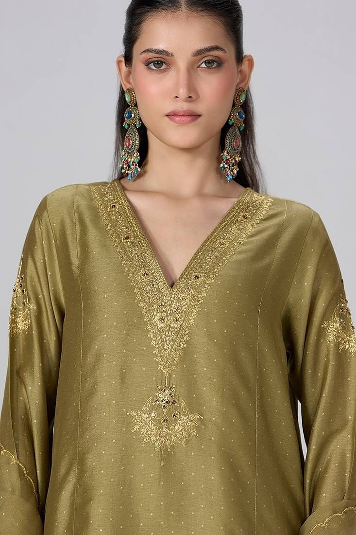 Khaki and gold foil printed festive kurta set