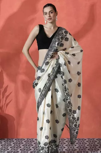 Off white ready to wear satin floral digital printed saree
