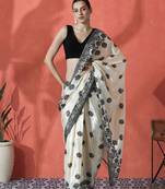 Off white ready to wear satin floral digital printed saree