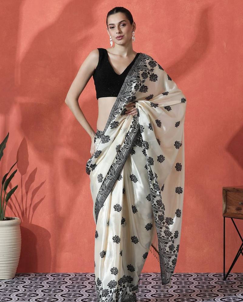 Off white ready to wear satin floral digital printed saree