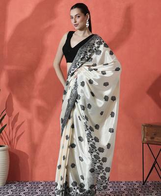 Off white ready to wear satin floral digital printed saree 2