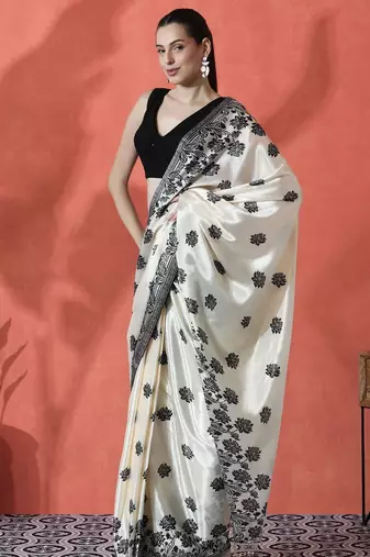 Off white ready to wear satin floral digital printed saree