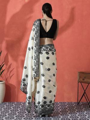 Off white ready to wear satin floral digital printed saree 3
