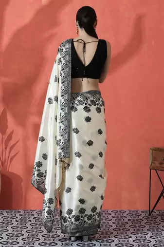 Off white ready to wear satin floral digital printed saree