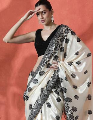 Off white ready to wear satin floral digital printed saree 4