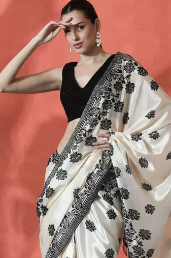Off white ready to wear satin floral digital printed saree