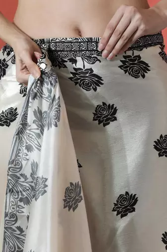 Off white ready to wear satin floral digital printed saree