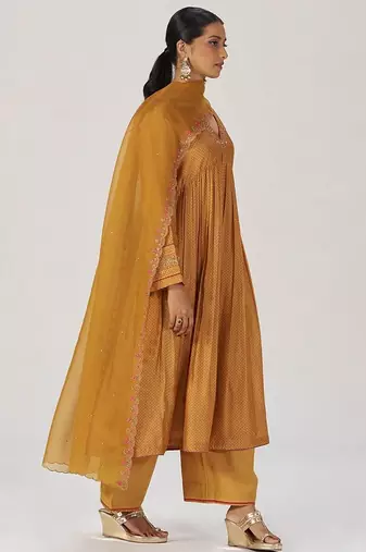 Light mustard print and embroidered festive kurta set