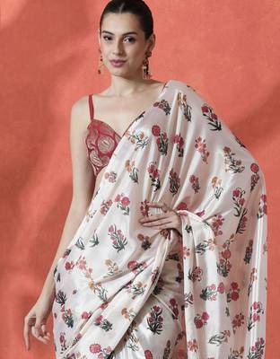 White ready to wear satin floral digital printed saree 1