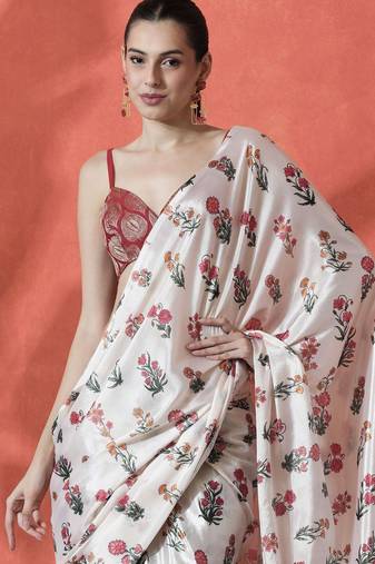 White ready to wear satin floral digital printed saree