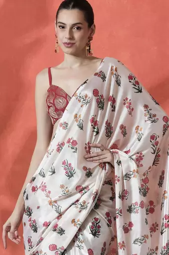 White ready to wear satin floral digital printed saree