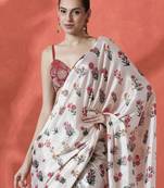 White ready to wear satin floral digital printed saree