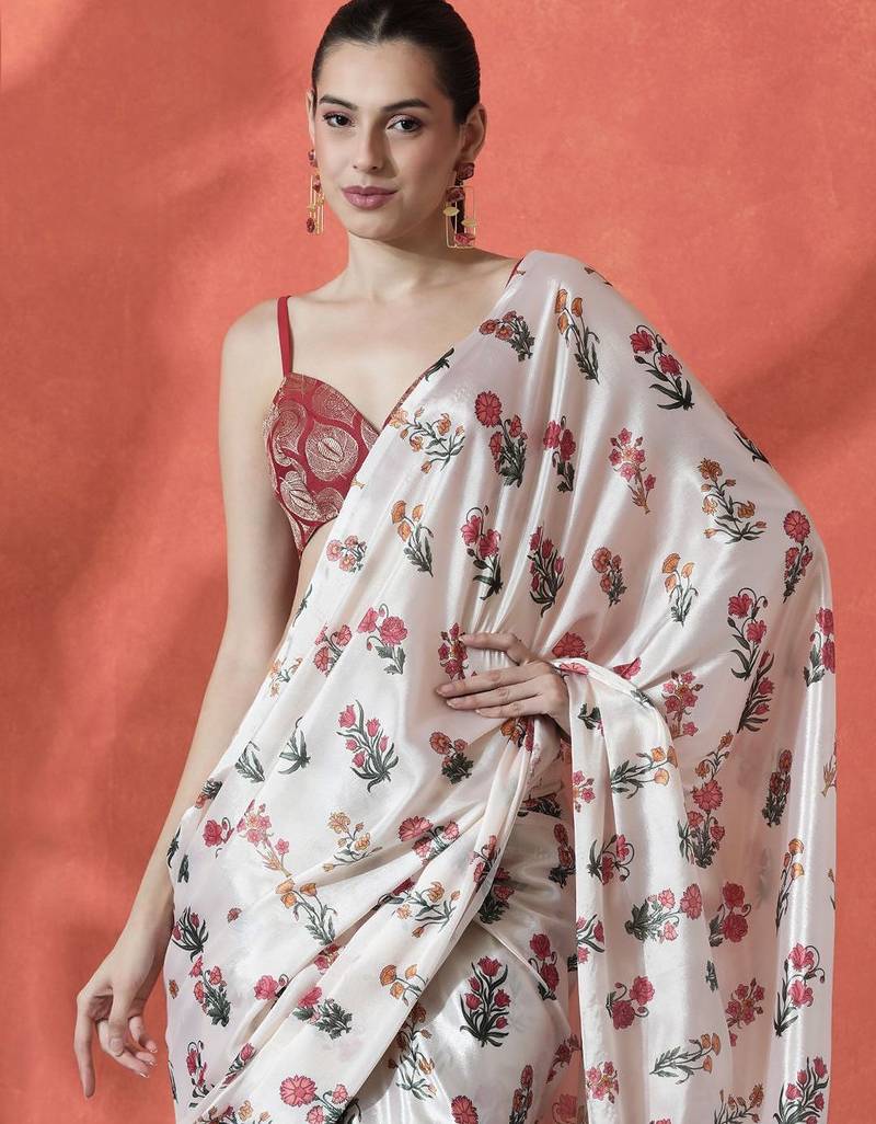 White ready to wear satin floral digital printed saree