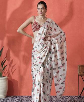 White ready to wear satin floral digital printed saree 2