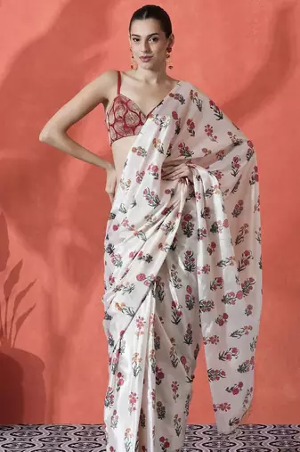 White ready to wear satin floral digital printed saree