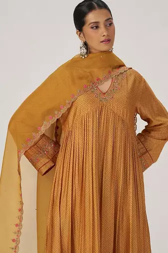 Light mustard print and embroidered festive kurta set