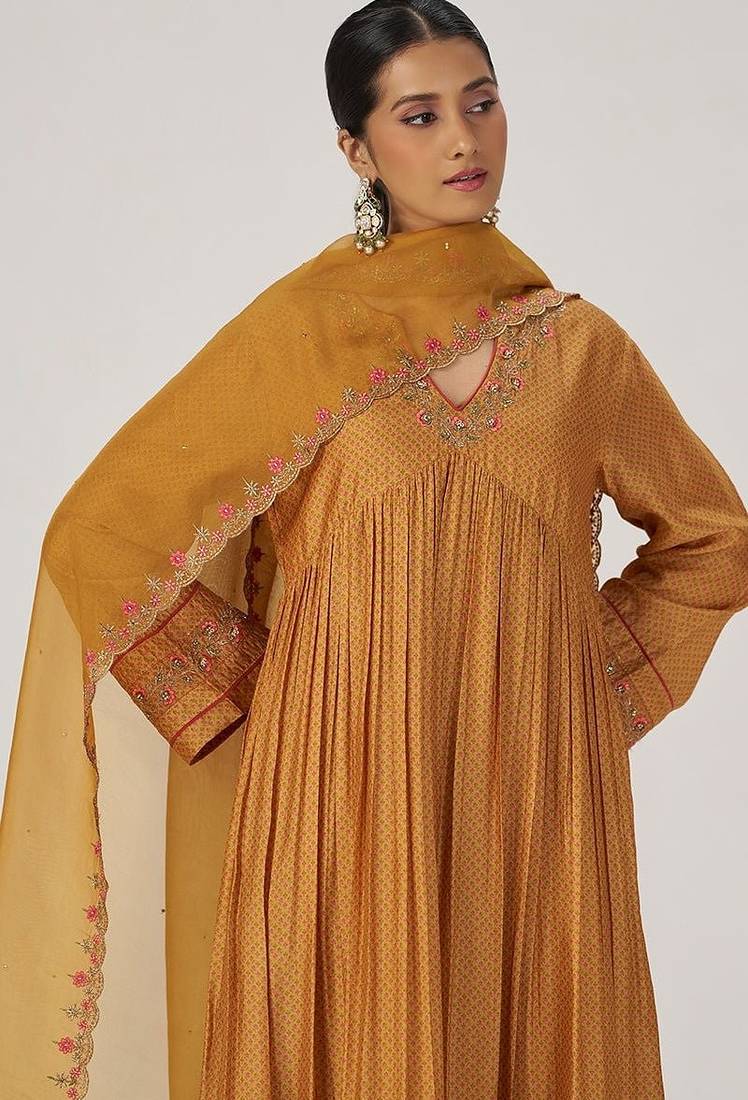 Light mustard print and embroidered festive kurta set