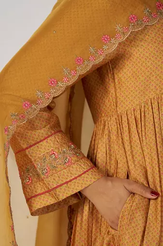 Light mustard print and embroidered festive kurta set