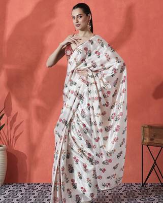 White ready to wear satin floral digital printed saree 3