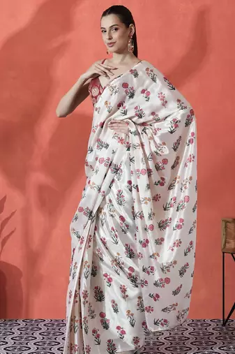 White ready to wear satin floral digital printed saree