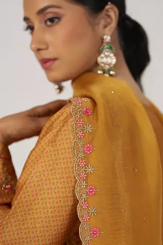 Light mustard print and embroidered festive kurta set