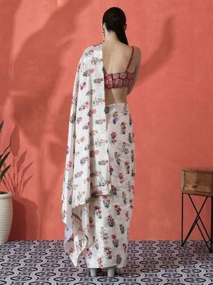 White ready to wear satin floral digital printed saree 4