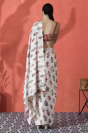 White ready to wear satin floral digital printed saree
