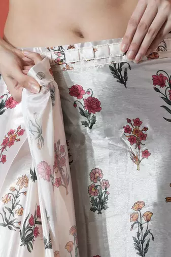 White ready to wear satin floral digital printed saree