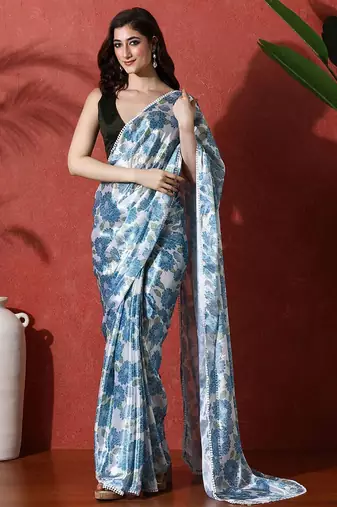Blue ready to wear satin floral digital printed saree