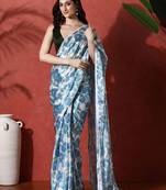 Blue ready to wear satin floral digital printed saree