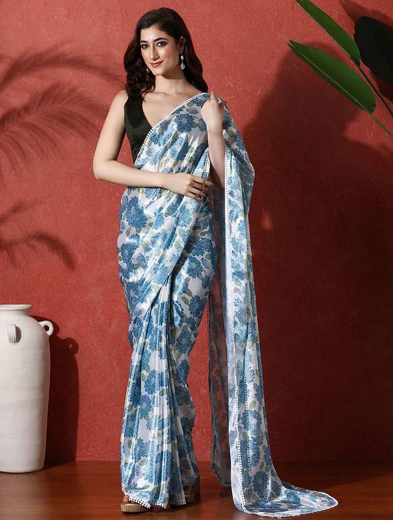 Blue ready to wear satin floral digital printed saree