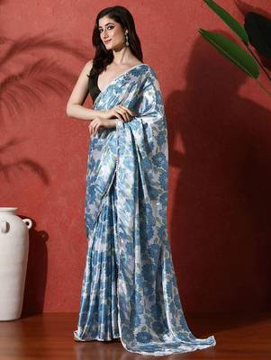 Blue ready to wear satin floral digital printed saree 2