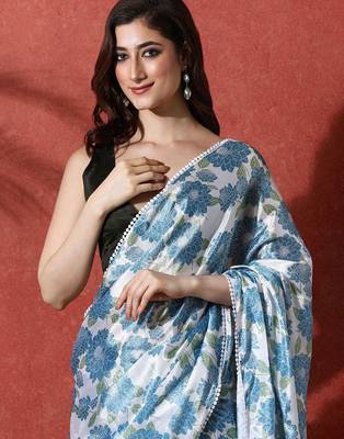 Blue ready to wear satin floral digital printed saree 4