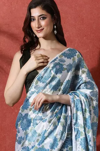 Blue ready to wear satin floral digital printed saree