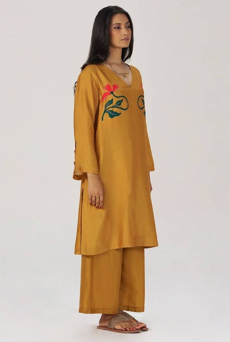 Mustard floral silk festive co-ord set