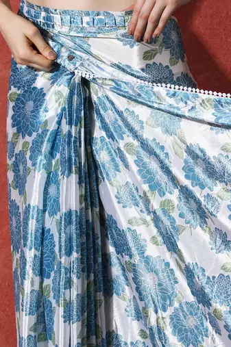 Blue ready to wear satin floral digital printed saree