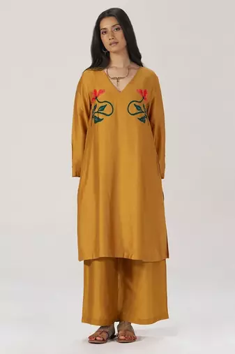 Mustard floral silk festive co-ord set
