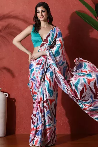 White ready to wear satin floral digital printed saree
