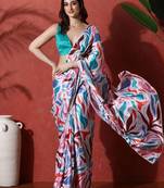 White ready to wear satin floral digital printed saree