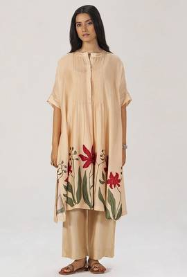 Beige botanical silk festive co-ord set 1