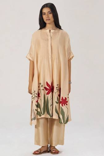 Beige botanical silk festive co-ord set
