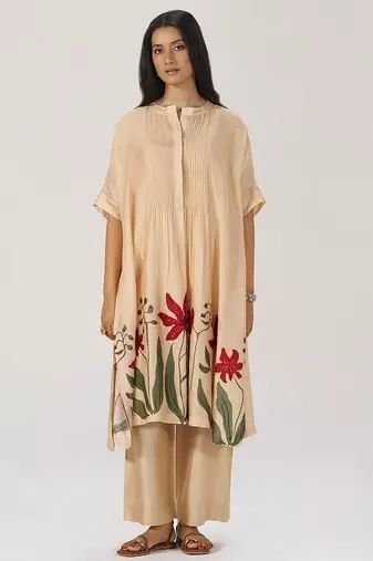 Beige botanical silk festive co-ord set
