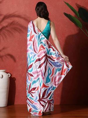 White ready to wear satin floral digital printed saree 3