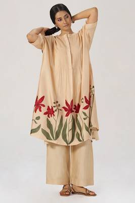 Beige botanical silk festive co-ord set 3