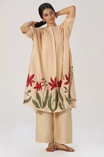 Beige botanical silk festive co-ord set