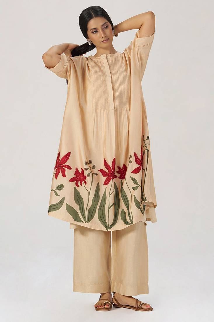 Beige botanical silk festive co-ord set