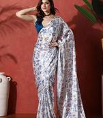 White ready to wear satin floral digital printed saree