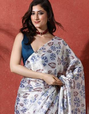 White ready to wear satin floral digital printed saree 4